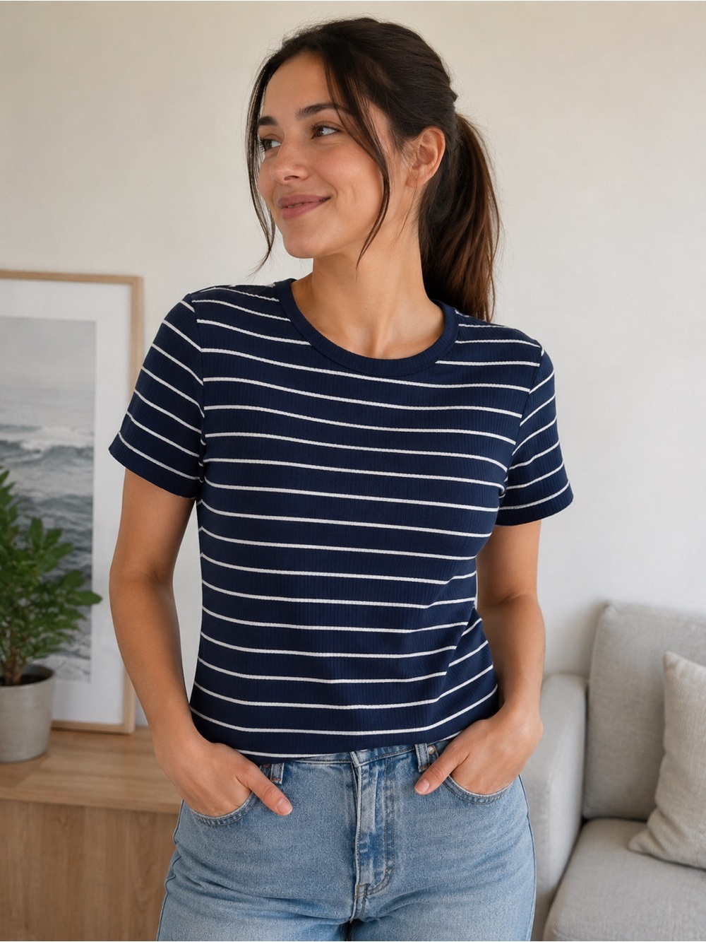 Old Navy Navy and White Striped Short Sleeve Tee